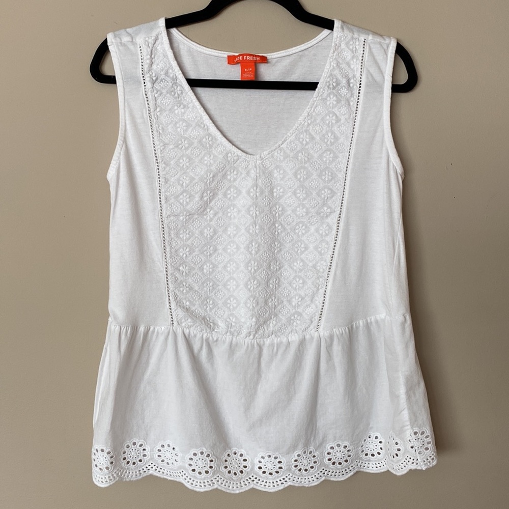 [S] Joe Fresh Peplum Eyelet Sleeveless Tank Top with Embroidery | White